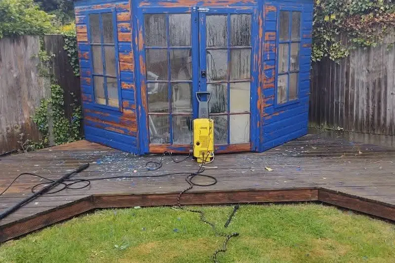 Garden summerhouse with peeling paint before repainting — Mitchell Hunter Handyman, Blean | mitchhandyman.co.uk